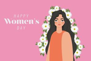 Happy Womens Day Schriftzug, Frau mit langen Haaren und weißen Blumen vektor