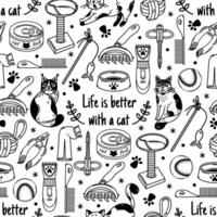 Leben ist besser mit ein Katze nahtlos Vektor Muster. Waren zum Haustier - - Essen, Spielzeug, Schüssel mit Pfote drucken, Kratzen Post, Rasierapparat, Teaser, Kamm. Pflege und Veterinär zum Tier. schwarz und Weiß Hintergrund