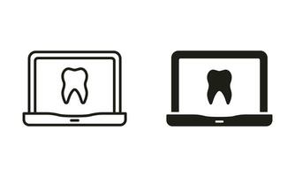 avlägsen tandläkare hjälp piktogram samling. uppkopplad tandvård silhuett och linje ikon uppsättning. virtuell samråd för dental vård symbol. hälsa diagnos i bärbar dator tecken. isolerat vektor illustration.