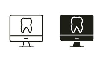 Dental Pflege virtuell Beratung. online Zahnheilkunde Silhouette und Linie Symbol Satz. Fernbedienung Zahnarzt Hilfe Symbol. Zahn Gesundheit Diagnose im Computer Piktogramm Sammlung. isoliert Vektor Illustration.