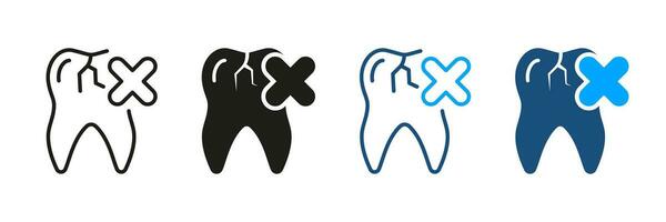 geknackt Zahn Piktogramm. abgebrochen beschädigt Zähne, Oral Medizin. gebrochen Zähne Problem Silhouette und Linie Symbol Satz. Dental Behandlung schwarz und Farbe Symbol Sammlung. isoliert Vektor Illustration.