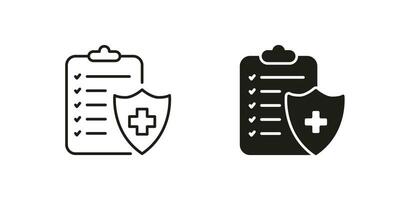 geduldig Diagnose Bericht Piktogramm. medizinisch Aufzeichnung Linie und Silhouette schwarz Symbol Satz. Gesundheit Information auf Zwischenablage, Krankenhaus Diagnose dokumentieren Symbol Sammlung. isoliert Vektor Illustration.