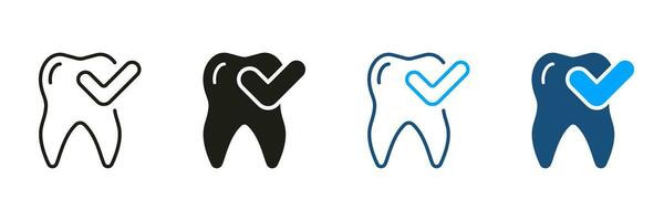 gesund Zähne Silhouette und Linie Symbol Satz. überprüft Oral Gesundheit, Schutz und Hygiene. Dental Behandlung Symbol Sammlung. Zahn mit Häkchen Piktogramm. isoliert Vektor Illustration.