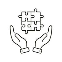 Puzzle und Mensch Hände Linie Symbol. Erfolg Zusammenarbeit. Puzzle Stück linear Piktogramm. Strategie, Lösung, Idee, Problem lösen Gliederung unterzeichnen. editierbar Schlaganfall. isoliert Vektor Illustration.
