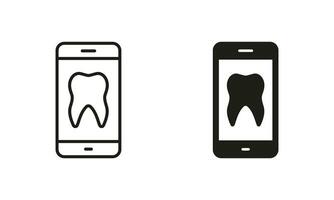 avlägsen tand hälsa diagnos, dental vård svart piktogram samling. uppkopplad tandläkare hjälp i smartphone silhuett och linje ikon uppsättning. tandvård medicin i mobil telefon. isolerat vektor illustration.