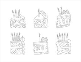 Kuchen Scheiben Stücke mit Kerzen. Hand gezeichnet skizzieren. umrissen auf Weiß Hintergrund. einstellen von Kuchen. Vektor
