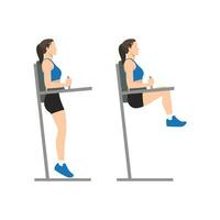 kvinna håller på med hängande ben höja träning. platt vektor illustration isolerat på vit bakgrund. träna karaktär uppsättning