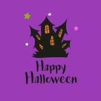 glücklich Halloween mit dunkel Schloss auf violett Hintergrund. Vektor Illustration. glücklich Halloween Karte Vorlage.