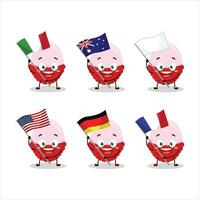 Scheibe von Litschi Karikatur Charakter bringen das Flaggen von verschiedene Länder vektor