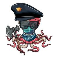 tecknad serie polis cyborg bläckfisk karaktär med säkerhet glasögon, skydd mask och en krig yxa. illustration för fantasi, vetenskap fiktion och äventyr serier vektor