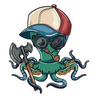Karikatur Comics Charakter von süß Cyborg Tintenfisch mit seine Deckel, Sicherheit Gläser, Rauchen ein Rohr und ein Krieg Axt. Illustration zum Fantasie, Wissenschaft Fiktion und Abenteuer Comics vektor
