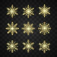 golden Schneeflocke Satz. Neu Jahr und Weihnachten Dekoration Element. glänzend Gold Luxus Flocke Sammlung. Vektor Illustration