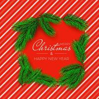 jul träd grenar på röd godis bakgrund med vit Ränder. ny år dekoration element. vektor illustration