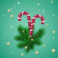 Neu Jahr Gruß Karte Vorlage. Weihnachten Süßigkeiten mit Neu Jahr Baum Geäst und golden Schneeflocken mit funkeln und Sterne auf Hintergrund im Grün Farben. Vektor Illustration