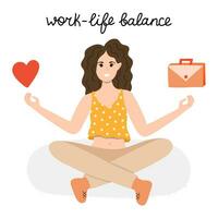 Arbeitsleben Balance Vektor Konzept. ein Frau sitzt im Yoga Lotus Position und Guthaben zwischen Leben und arbeiten. das Wahl zwischen Familie, Freunde, Unterhaltung, Liebe und Karriere, Geld, Finanzen, Arbeit.