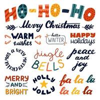 stor text uppsättning för glad jul, ny år, vinter- Semester. hand skriven isolerat vektor fraser. Ho ho ho, järnek glad, glad och ljus, klingande klockor, värma lyckönskningar, fred ad glädje, Hej vinter.