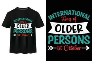 internationell dag av äldre personer t skjorta design, ribbor stämpel design, bricka logotyp, retro årgång, typografi tröja, emblem, märka, baner vektor illustration på de 1:a dag av oktober