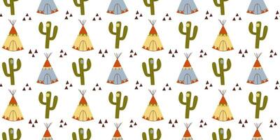 nahtlos Muster mit Hand gezeichnet Kaktus, Wigwam, abstrakt Dreiecke auf Weiß Hintergrund im eben Karikatur Stil. wild Westen Konzept. zum Hintergrund, Verpackung, Textil- vektor