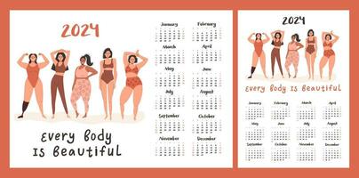Kalender Layout zum 2024. ein Vielfalt von schön Mädchen. Frauen zum Feminismus und Körper Positivität. Vorlage zum Drucken vektor