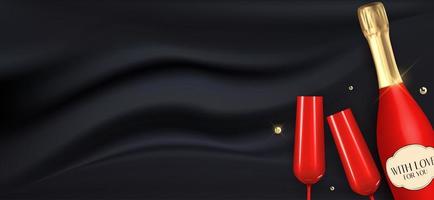 realistische 3d champagnerrote Flasche und Gläser auf schwarzem Seidenhintergrund. Vektor-Illustration vektor
