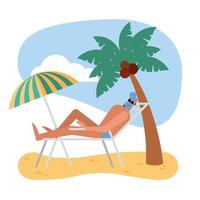 Sommermann mit Badebekleidung auf Sonnenstuhl am Strandvektordesign vektor