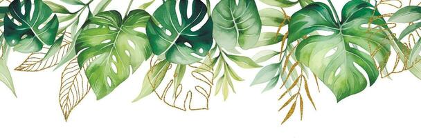 Aquarell Zeichnung, nahtlos Grenze, Komposition mit tropisch Palme und Monstera Blätter und golden Blätter vektor