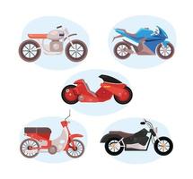 Bündel von fünf Motorrädern Fahrzeugen verschiedener Stile vektor