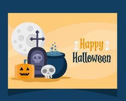 Happy Halloween Schriftzug Karte mit Grab und Kessel vektor
