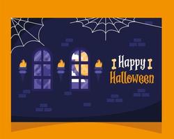 Happy Halloween Schriftzug Karte mit Schlossfenstern und Spinnennetzen vektor