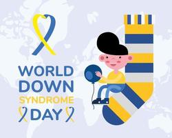 World Down Sindrome Day Kampagnenplakat mit kleinem Jungen, der in Farbsocke sitzt vektor