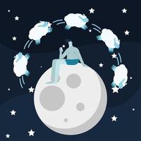 Mann sitzt im Mond und zählt Schafe, die an Schlaflosigkeit leiden vektor