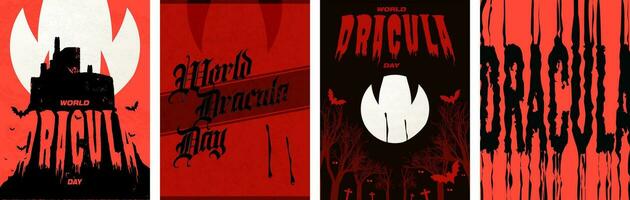 värld dracula dag affisch uppsättning. minimalistisk vampyr bita med droppande blod, dracula typografisk design, silhuett av draculas slott och måne med vampyr huggtänder. vektor illustration.
