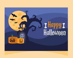 Happy Halloween Schriftzug Karte mit Kürbissen und Friedhof vektor