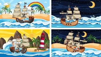 Satz von verschiedenen Strandszenen mit Piratenschiff und Piratenzeichentrickfigur vektor