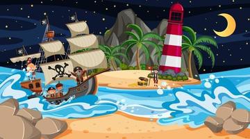 strand med piratskepp på nattplats i tecknad stil vektor