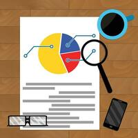 Analyse von Statistiken. Arbeitsplatz mit Diagramm und Kaffee, Vektor Illustration