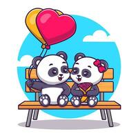 süß Panda Paar halten Luftballons auf Bank Park Karikatur Vektor Symbol Illustration Tier Natur Symbol