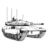 Panzer schwarz und Weiß Vektor Illustration. Merkava Kennzeichen iv von Israel Verteidigung Kräfte Militär- Maschine. Hand gezeichnet Krieg Tinte Clip Art