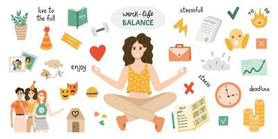 Arbeitsleben Balance Vektor einstellen mit Beschriftung und Clip Art. Frau sitzt im Yoga Lotus Position, Guthaben zwischen Leben und arbeiten. Vergleich zwischen heim, Freunde, Liebe und Karriere, Geld, Finanzen, Job