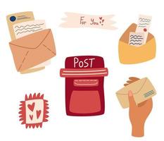 uppsättning postförsändelser. posttjänst. brevlåda, postkuvert och brevstämplar, hand med kuvert. kommunikationselement. platt vektorillustration. vektor