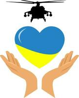 hjärta form med ukrainska flagga, händer och helikopter vektor