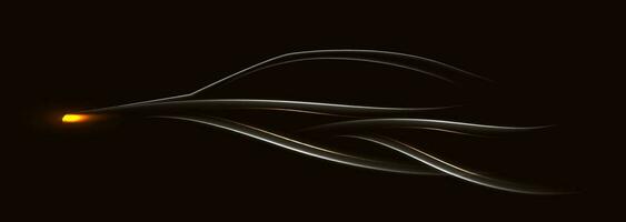 sport bil lysande silhuett, bil rader teckning isolerat över mörk bakgrund, modern sportbil form vektor illustration