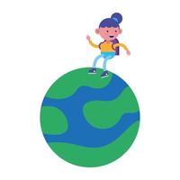 kleines Studentenmädchen, das in Planeten-Comic-Figur fliegt vektor