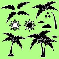 Satz Silhouetten einer Cartoon-Palme mit Sonne, Wolken und Gras vektor