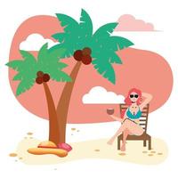 schöne Frau im Badeanzug sitzt im Strandkorb und isst Kokosnuss vektor
