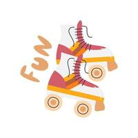 Spaß Beschriftung Aufkleber Design. cool retro positiv drucken Konzept Design. Sommer- sportlich Stiefel. bunt draussen Aktivität Paar Schuhe von 80er. Paar von Schlittschuh Walzen Hand gezeichnet eben Vektor Illustration