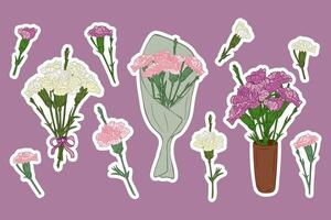 uppsättning av rosa och lila nejlika flar klistermärken. hand dragen isolerat blommor och och klasar med vit översikt. klasar av nejlikor i keramisk vas, i papper och med band. botanisk unik design vektor