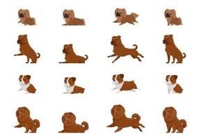Reihe von Hunden in verschiedenen Posen. Pekingese, Shar Pei, englische Bulldogge und Chow-Chow im Cartoon-Stil. vektor