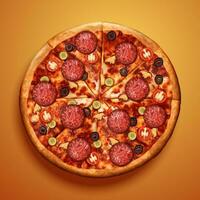 oben Aussicht von Peperoni Pizza mit köstlich Zutaten auf Chrom Gelb Hintergrund im 3d Illustration vektor