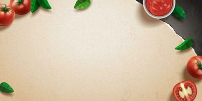 frisch Tomate und Basilikum auf Kraft Papier Hintergrund im 3d Illustration vektor